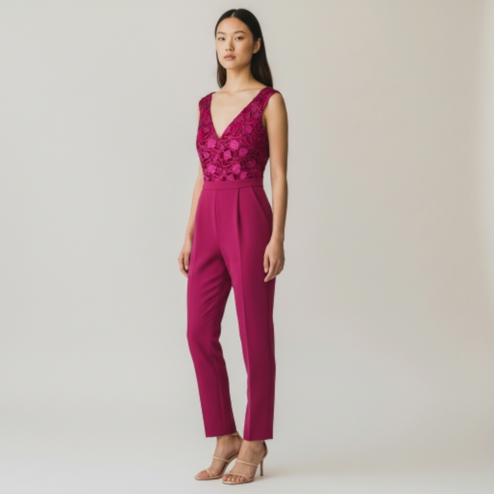Adelyn Rae fuchsia pink jumpsuit lace velvet floral sleeveless size‎ S